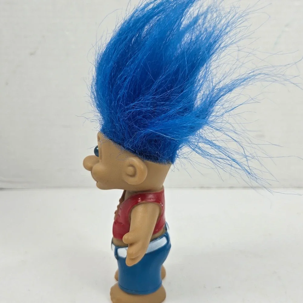 Vtg 90s Russ Berrie Troll Doll Hippie Stripper Blue Hair Red Vest Blue Shorts 4